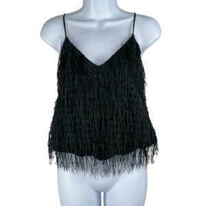 Pinko Luxury Black Eyelash Fringe V-Neck Camisole Tank Top US 2/38 MSRP $221